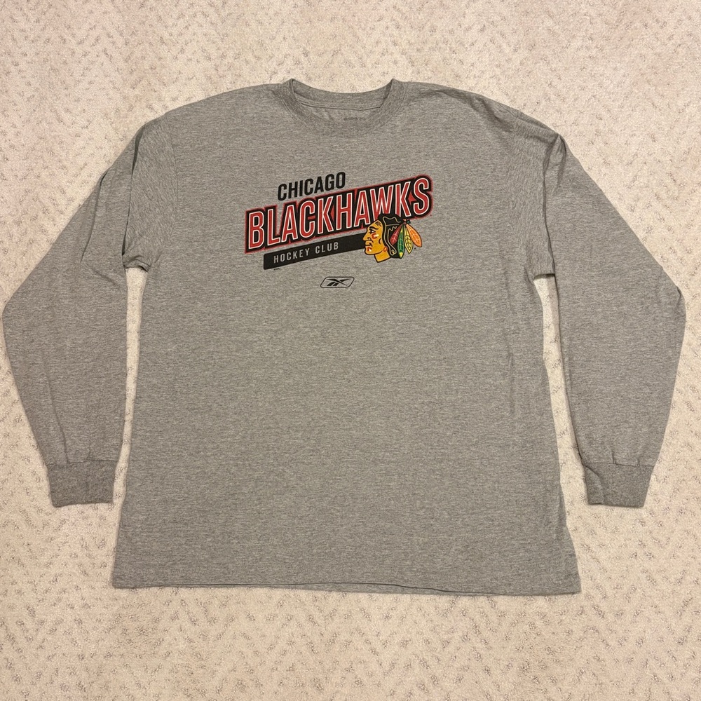 Chicago Blackhawks Long Sleeve Hockey T Shirt Mens Size L Grey Cotton Reebok